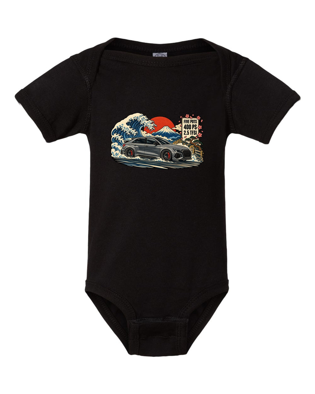 Ukiyo-e woodblock style print of an Audi RS3 8Y with a mountain and 2.5 TFSI text black baby onesie front view with the design