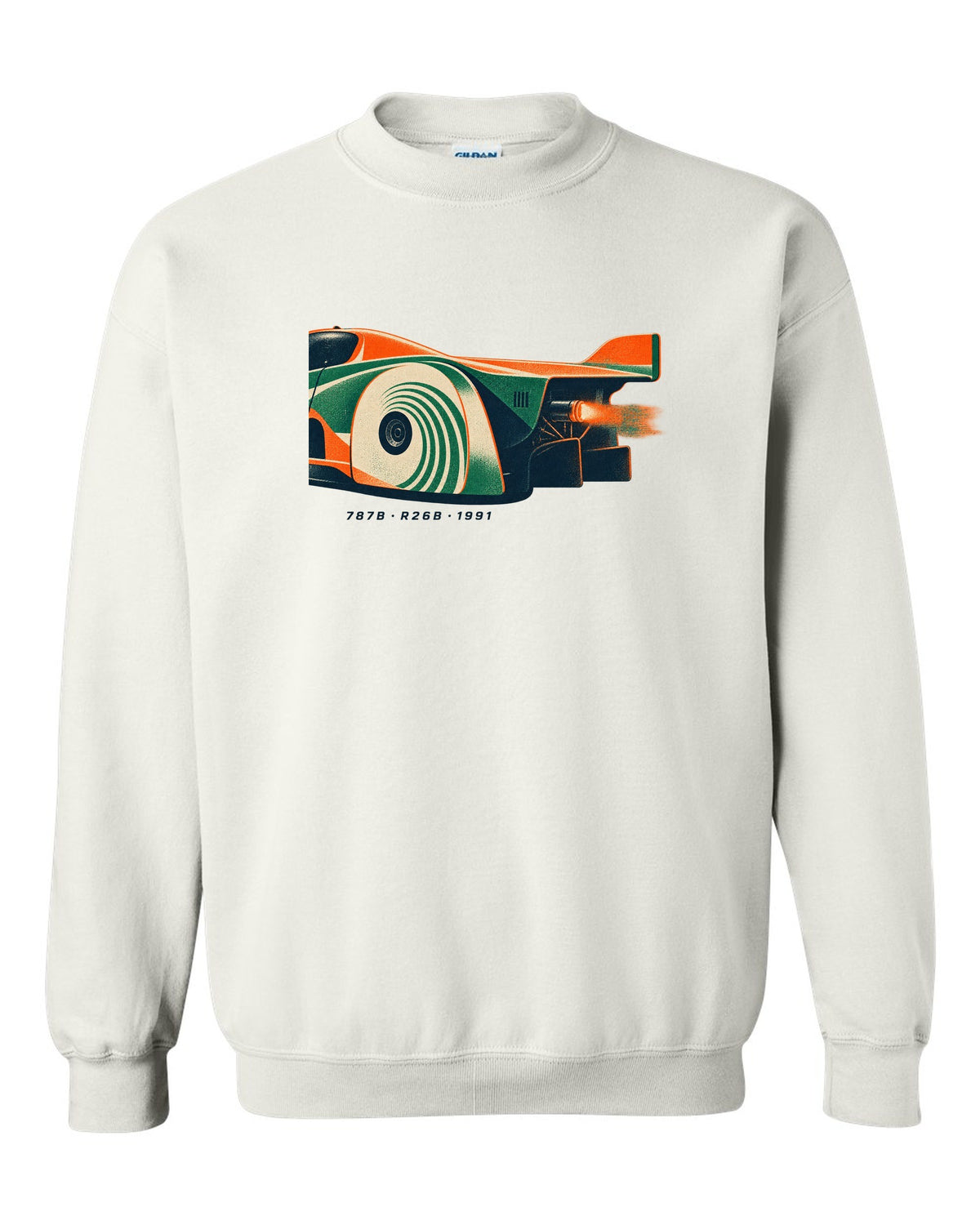 Risograph print of a Mazda 787B wheel and exhaust with R26B and 1991 text white crewneck front view with the design