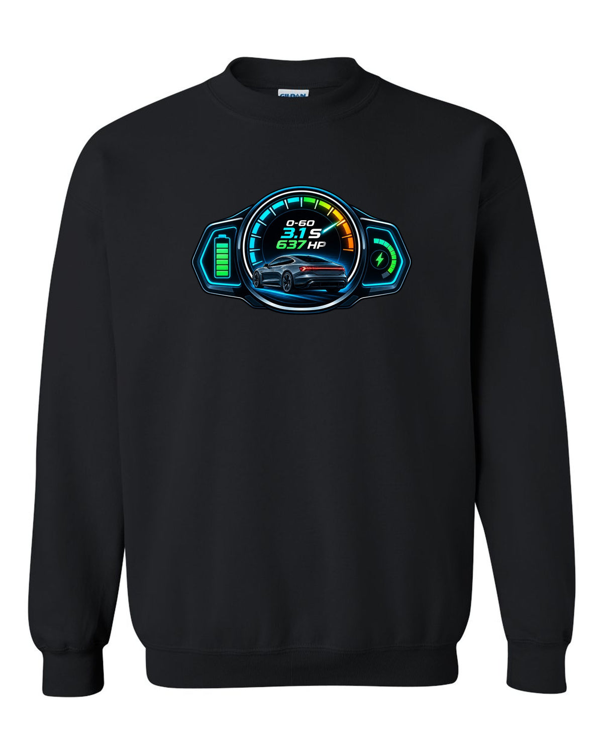 HUD gauge cluster print of an Audi e-tron GT with 0-60 and horsepower figures black crewneck front view with the design