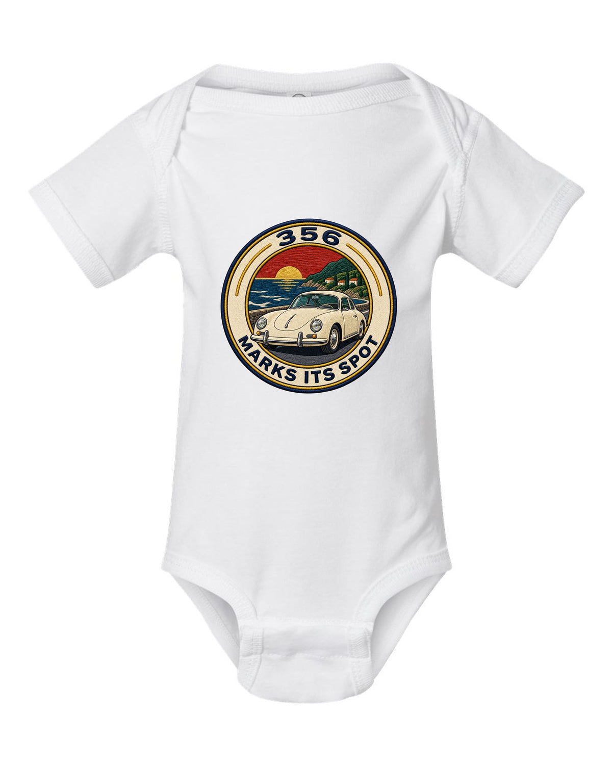 Round varsity crest style illustration of a Porsche 356 A white baby onesie front view with the design