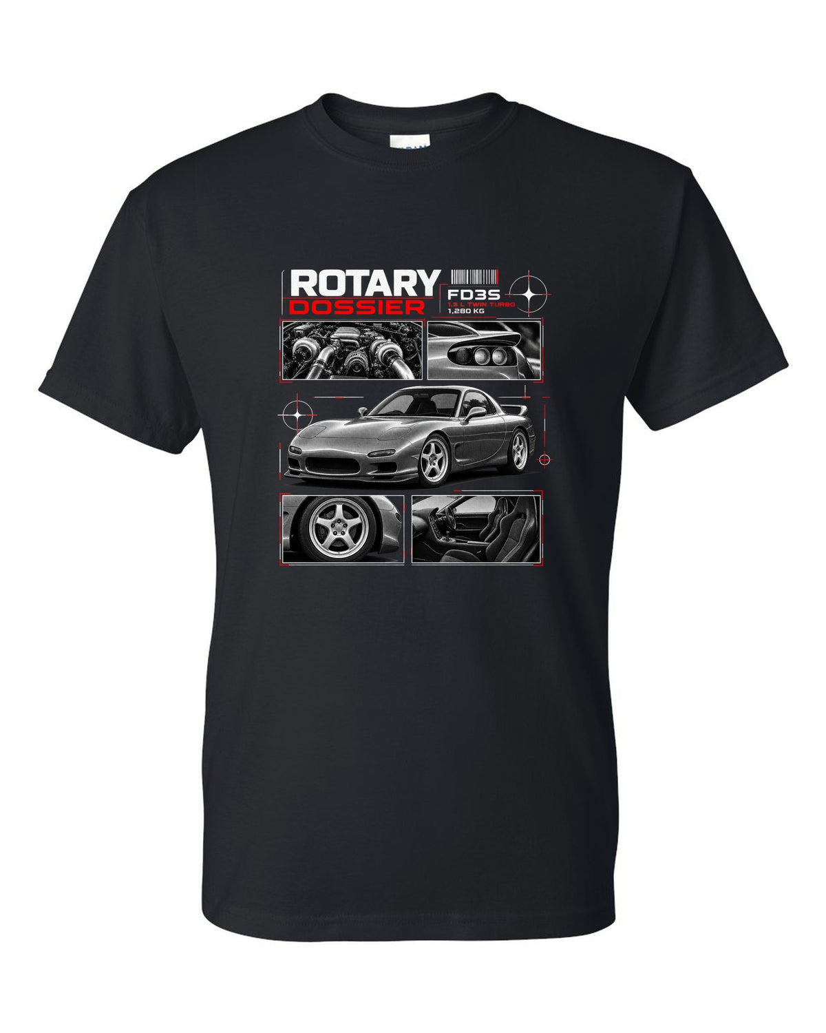 Dossier print of a Mazda RX-7 FD3S front three-quarter with detail panels black t-shirt front view with the design