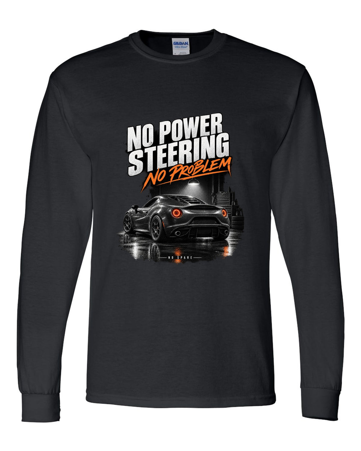 Garage night print of an Alfa Romeo 4C with no power steering no spare text black long sleeve front view with the design