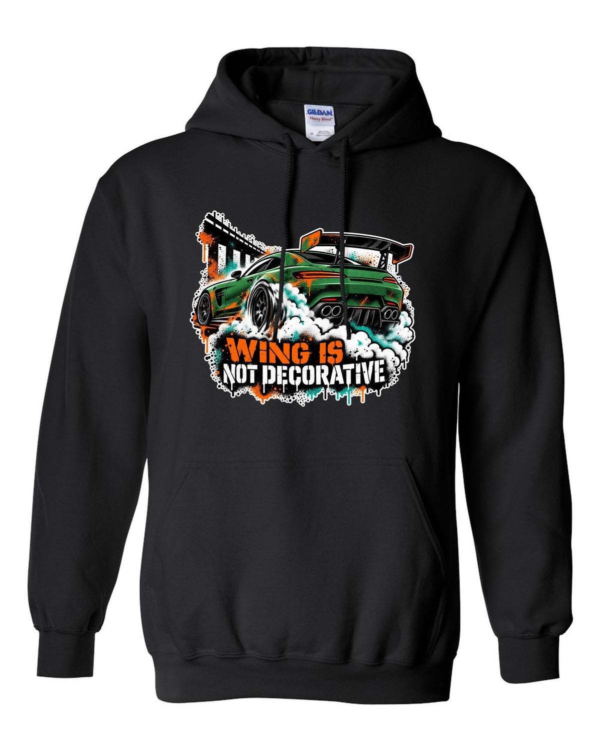 Risograph spot colour illustration of a Mercedes AMG GT R C190 in a garage with Track Day Monday Bill text black pull over hoodie front view with the design