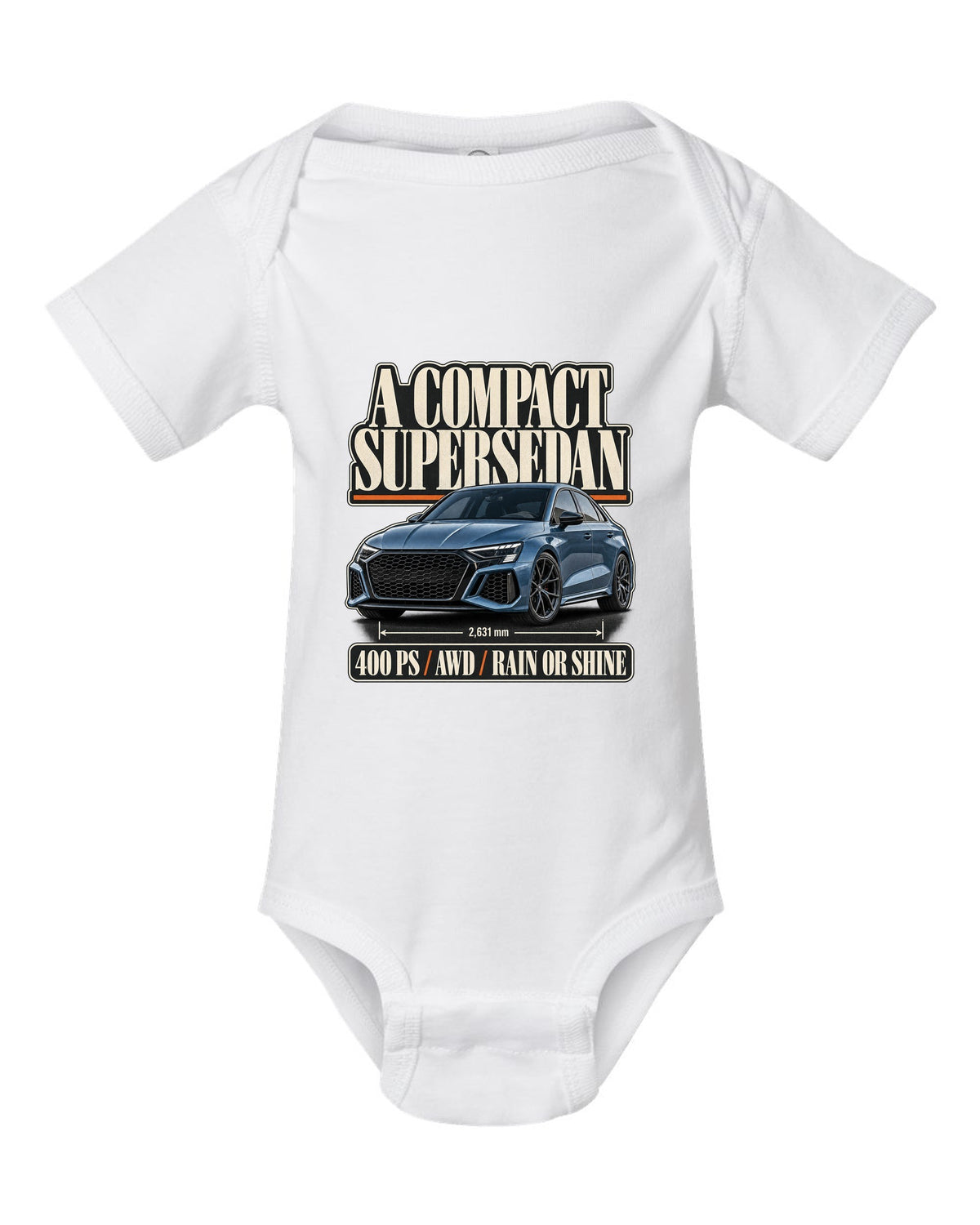Editorial headline layout for the Audi RS3 8Y sedan, steel blue white baby onesie front view with the design