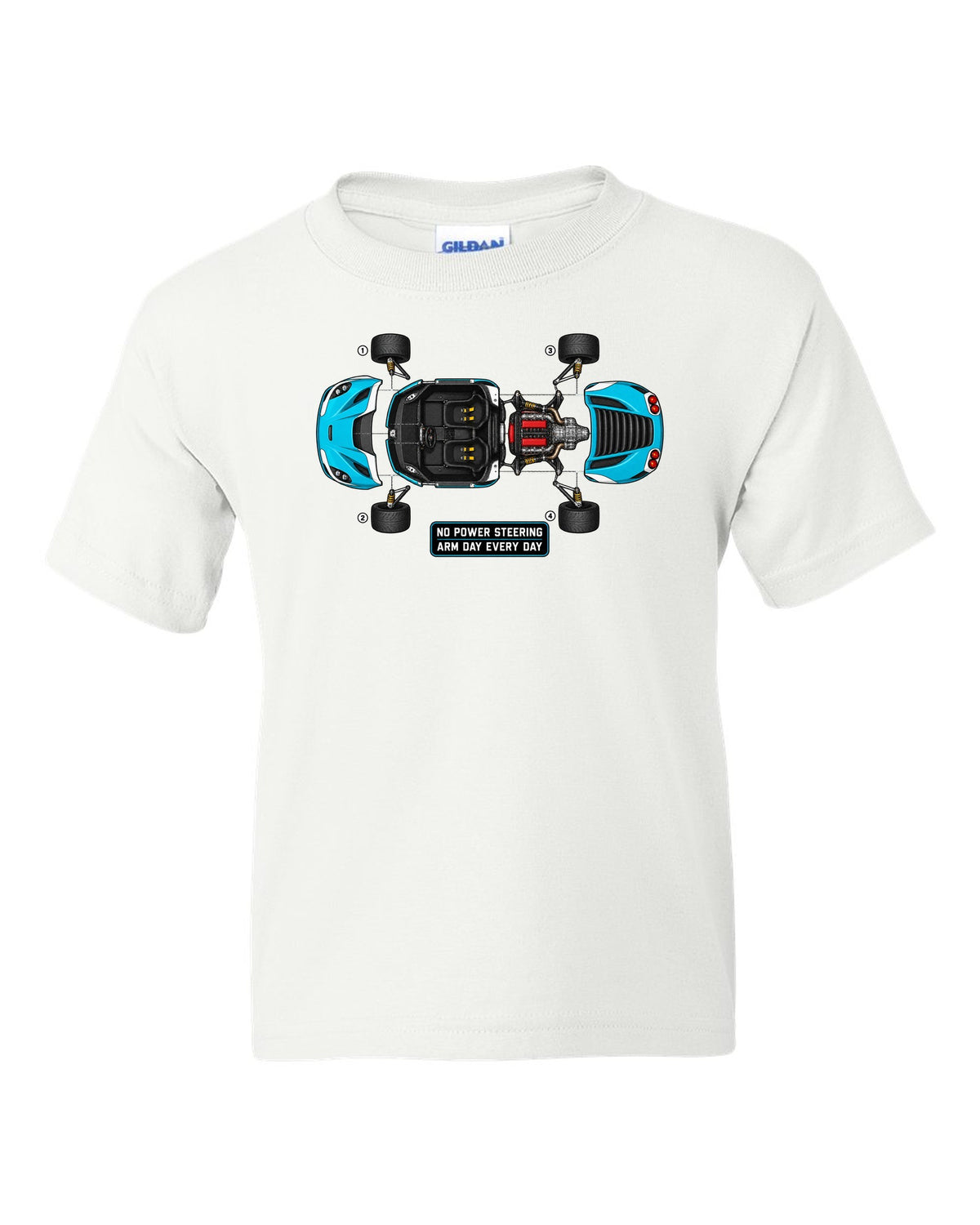 Blueprint exploded view of an Alfa Romeo 4C with no power steering arm day text white kids tee front view with the design