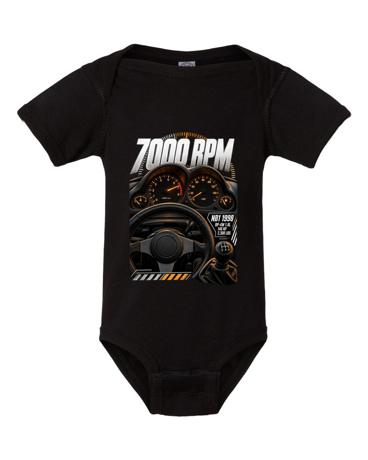 Cockpit gauge print for the 1998 Mazda MX-5 NB1 with 7000 rpm, BP-4W 1.8L and 140 HP black baby onesie front view with the design