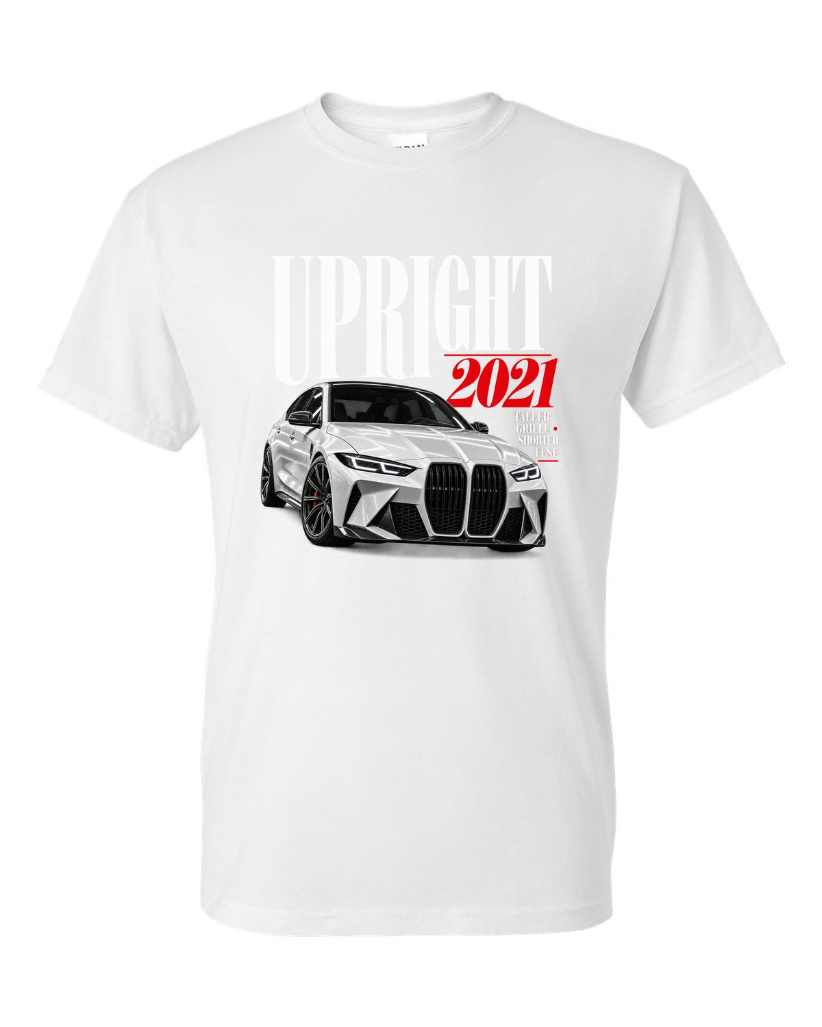 BMW G80 M3 editorial print with upright 2021 headline and grille tagline white t-shirt front view with the design