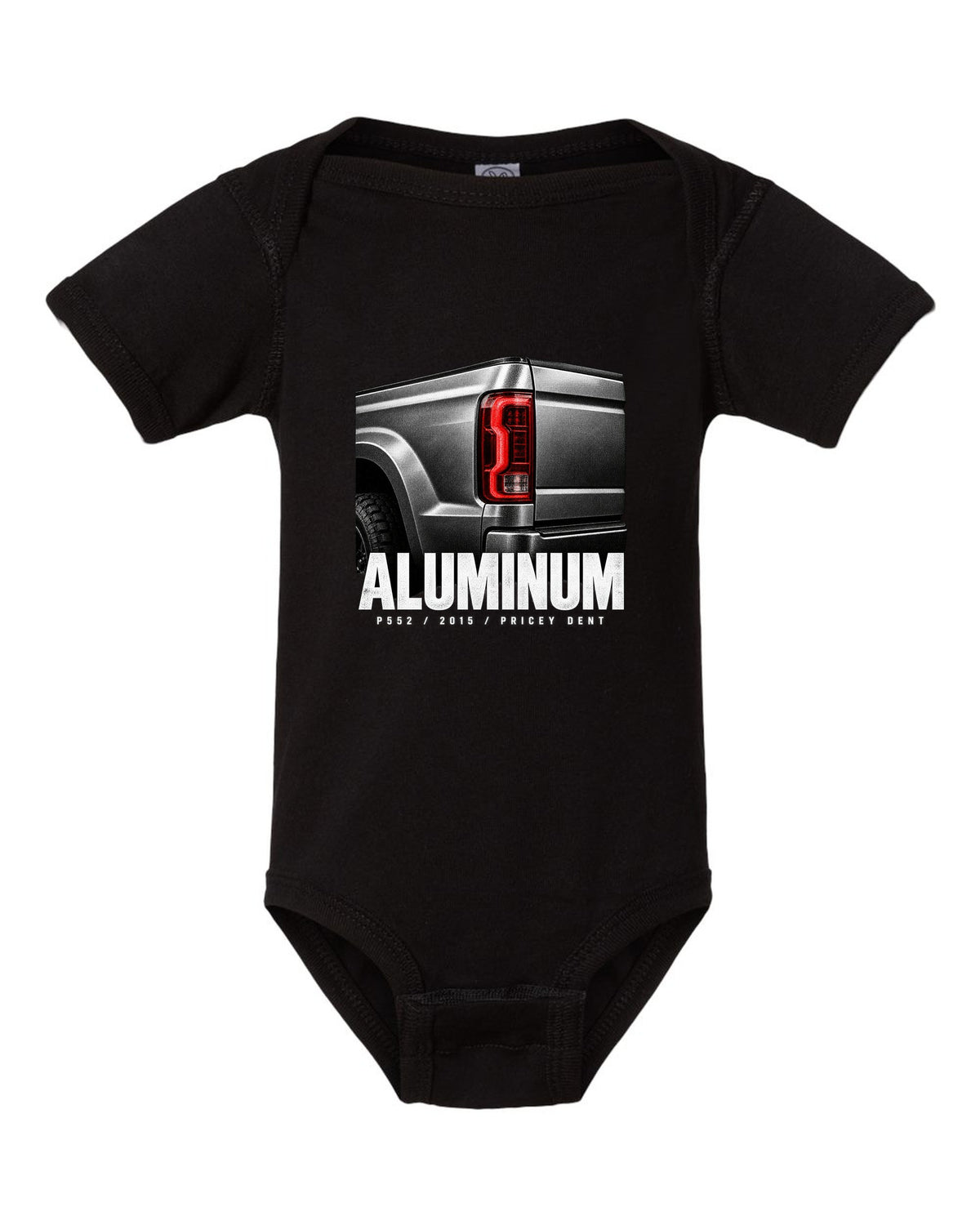 Macro print of a 2015-20 Ford F-150 P552 tailgate with aluminum and pricey dent text black baby onesie front view with the design