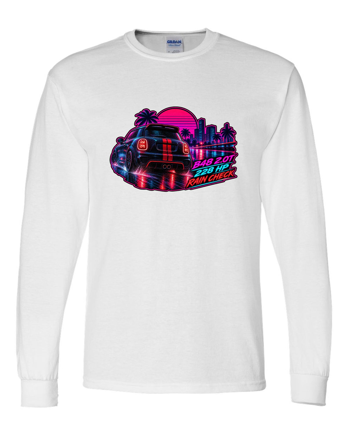 Synthwave print of a Mini JCW F56 rear with Union Jack tail lights and B48 228 HP text white long sleeve front view with the design