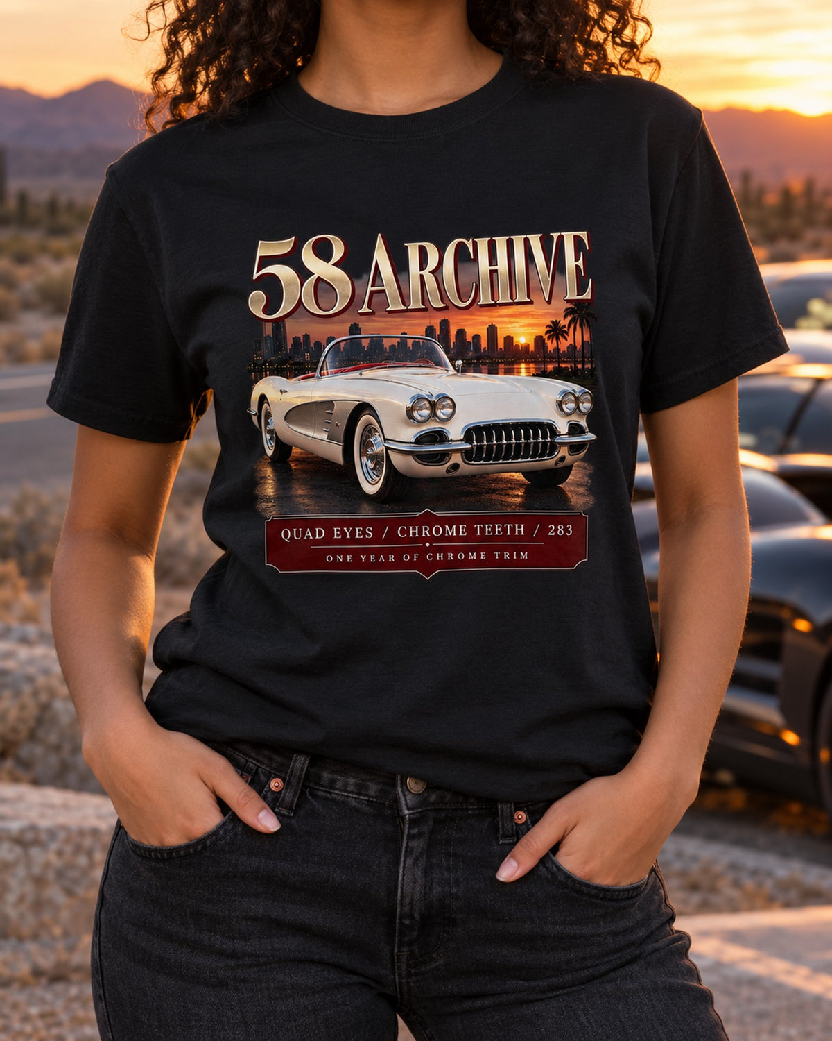 Corvette C1 1958 Quad Headlight Archive Panel Tee, Car Gift T-Shirt Black worn hero
