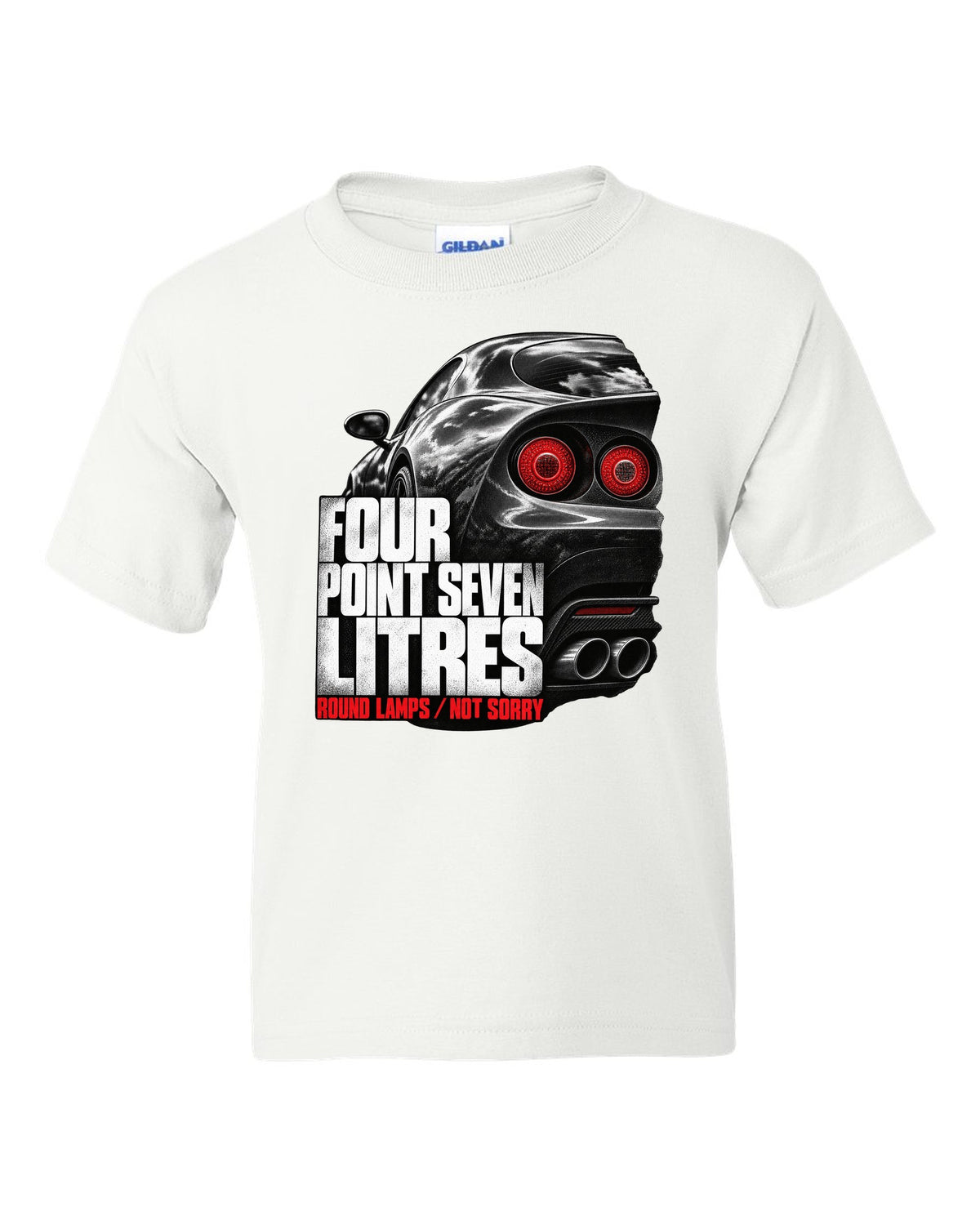 Tail lamp macro print of an Alfa Romeo 8C Competizione with four point seven litres text white kids tee front view with the design