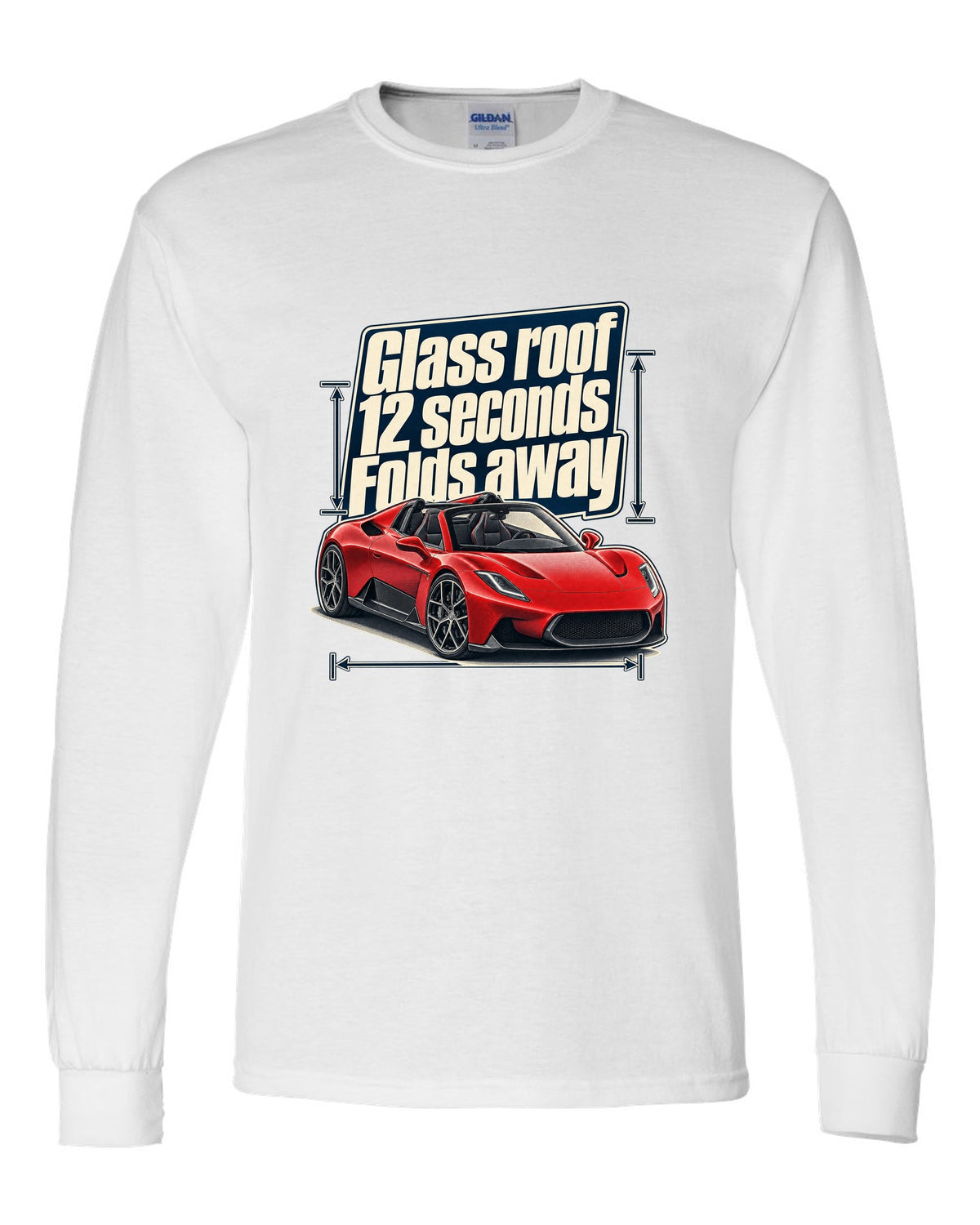 Maserati MC20 Cielo editorial headline print on a shirt white long sleeve front view with the design