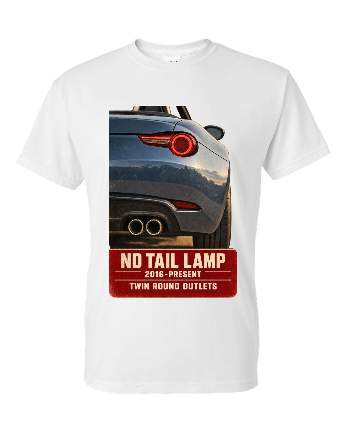 Macro poster-style print of the tail lamp and twin round exhaust outlets on a Mazda MX-5 ND white t-shirt front view with the design