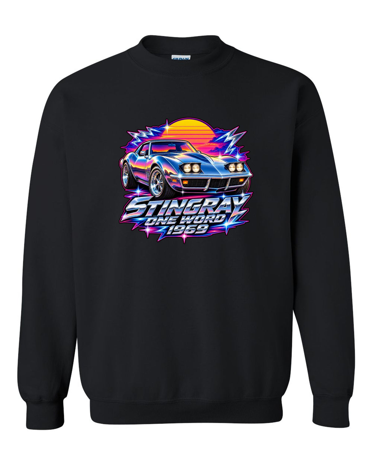 80s chrome airbrush print of a 1969 Chevrolet Corvette C3 Stingray with Stingray One Word 1969 text black crewneck front view with the design