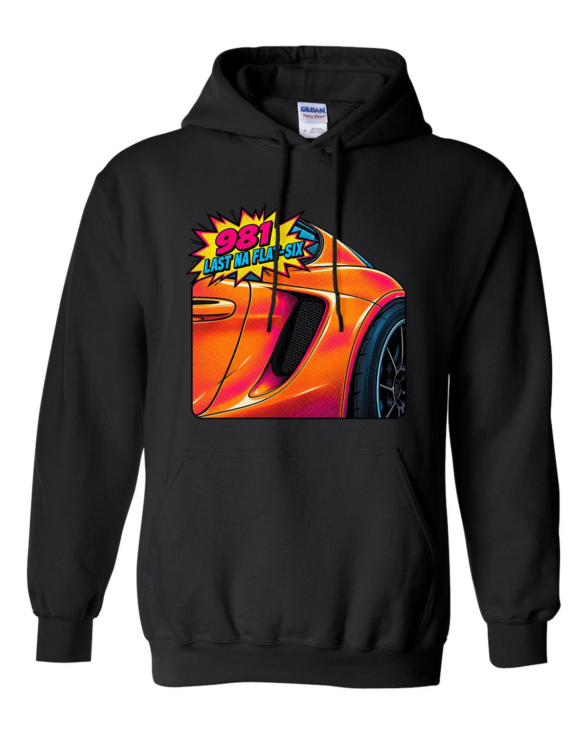 Pop-art halftone print of a Porsche 981 Cayman GTS intake with the text 981, last NA flat-six black pull over hoodie front view with the design