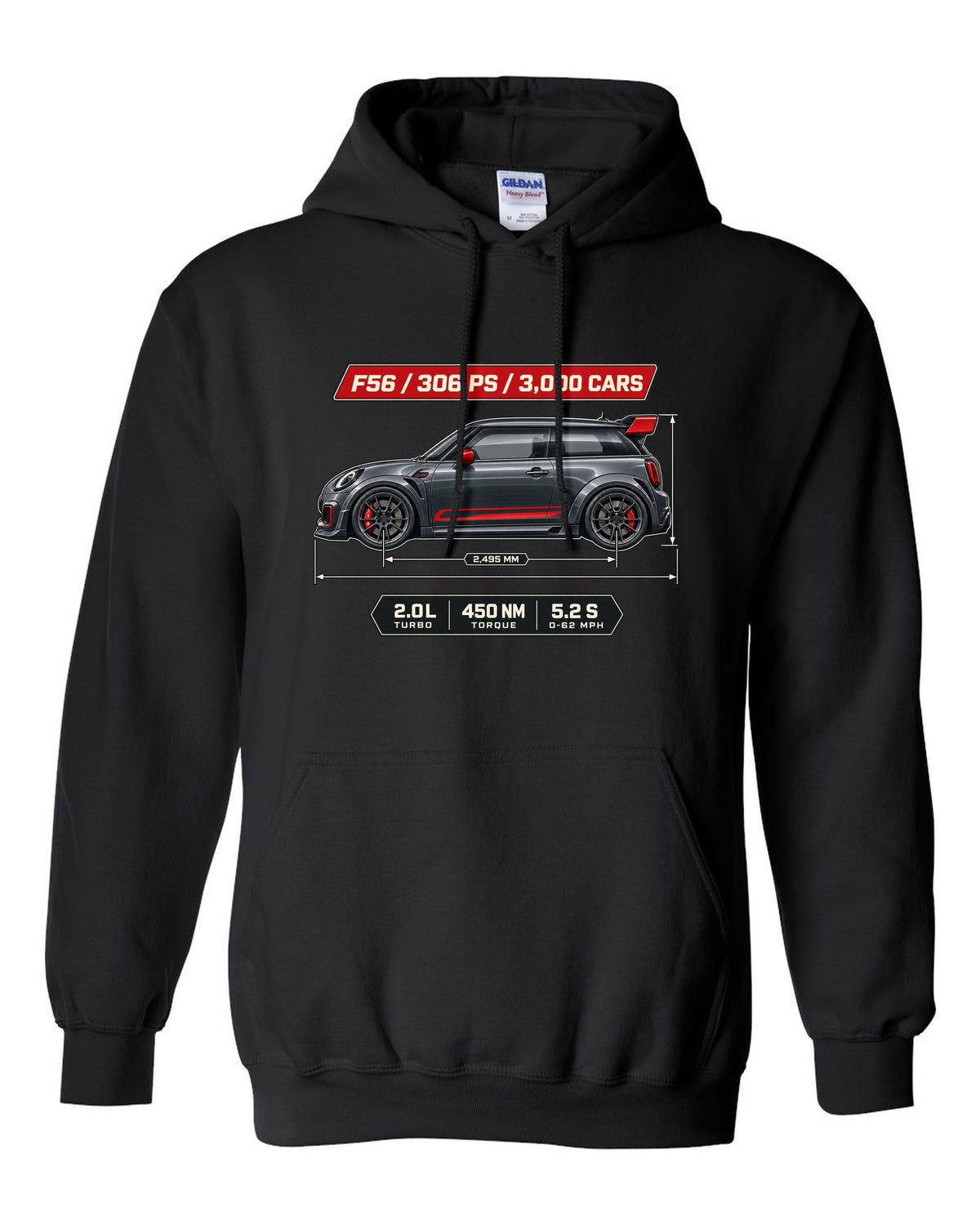 Dimension blueprint print of the Mini JCW GP F56 2020 with 306 PS and 3,000 cars text black pull over hoodie front view with the design