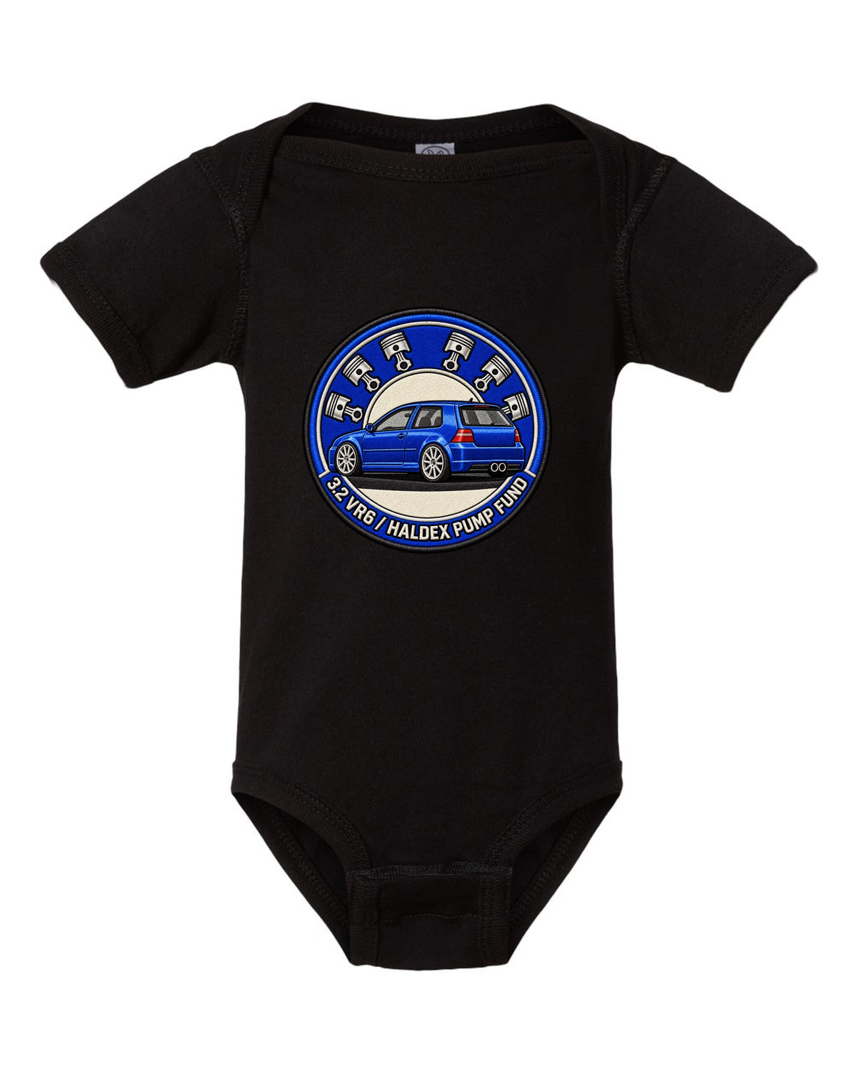 Varsity crest print for a VW Golf R32 Mk4 with 3.2 VR6 and Haldex pump fund lettering black baby onesie front view with the design