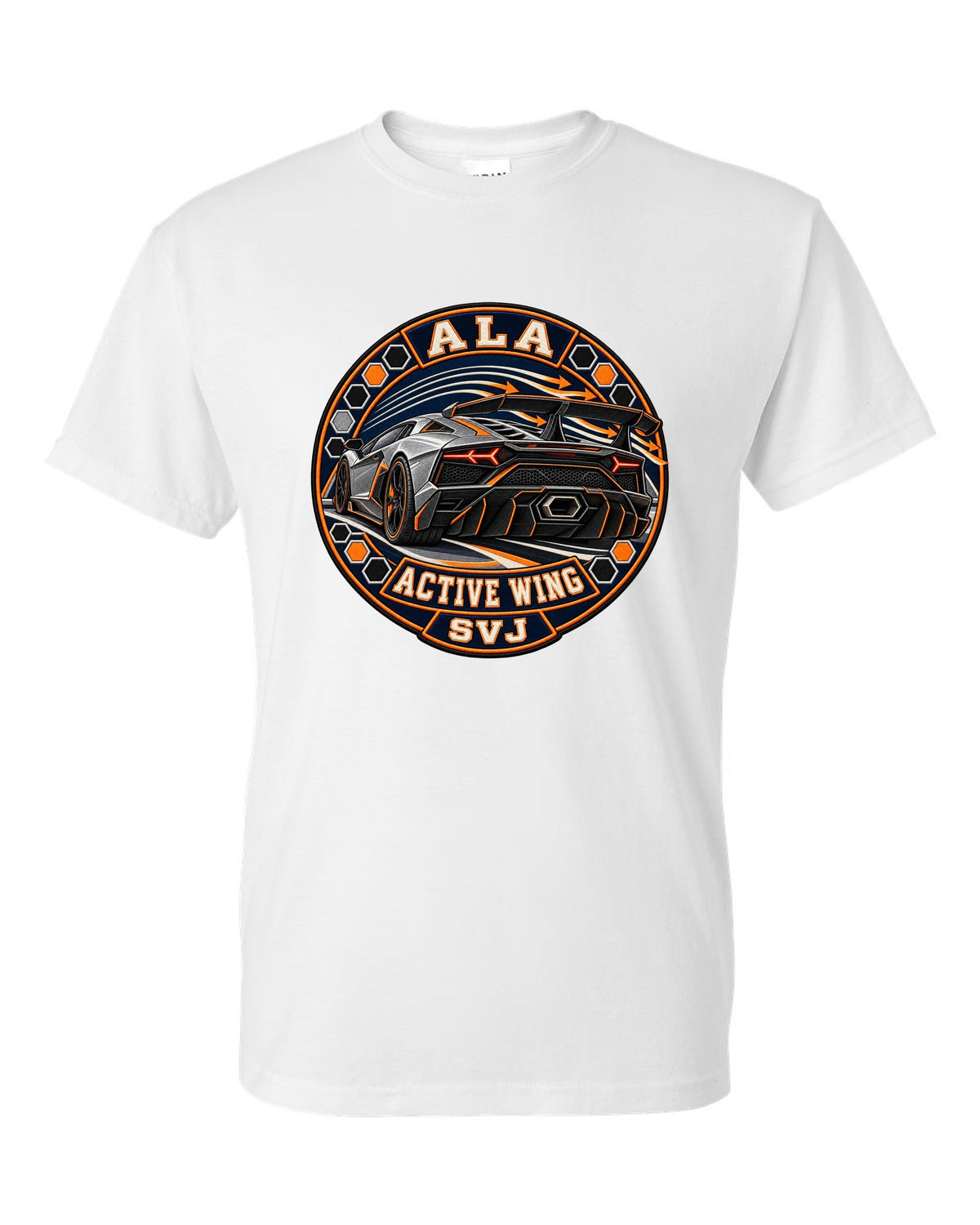 Embroidery-style round crest of a Lamborghini Aventador SVJ LP770-4 with text ALA / ACTIVE WING / SVJ white t-shirt front view with the design
