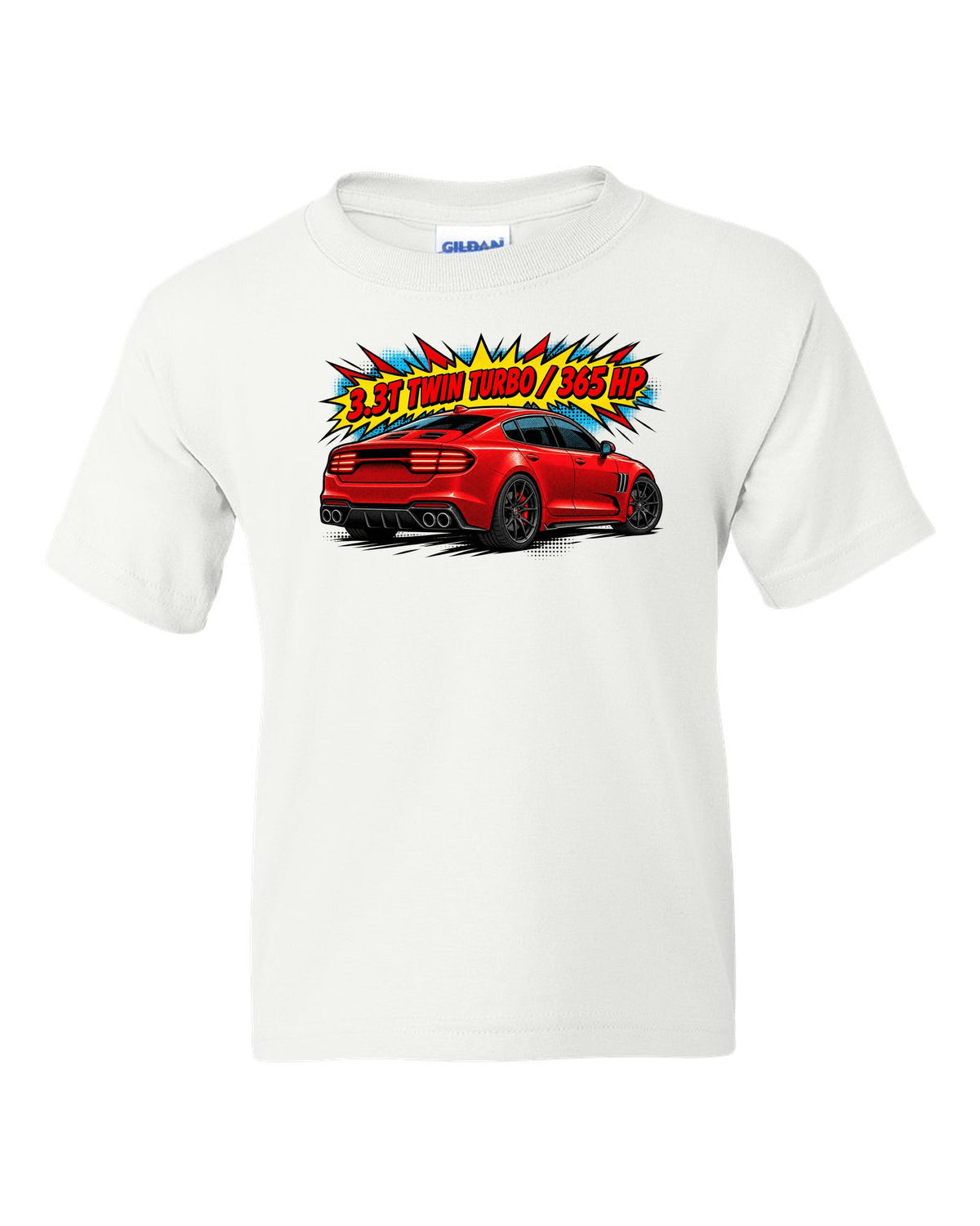 Comic halftone print of a Kia Stinger GT CK rear with 3.3T twin turbo 365 HP text white kids tee front view with the design