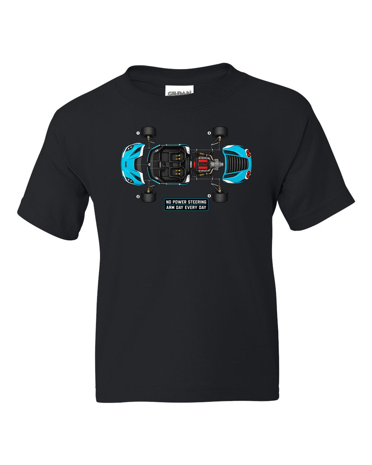 Blueprint exploded view of an Alfa Romeo 4C with no power steering arm day text black kids tee front view with the design