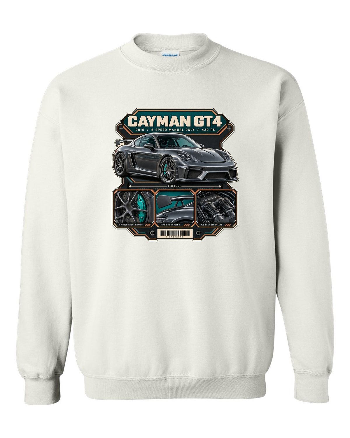 Dossier panel print of a Porsche 718 Cayman GT4 982 white crewneck front view with the design