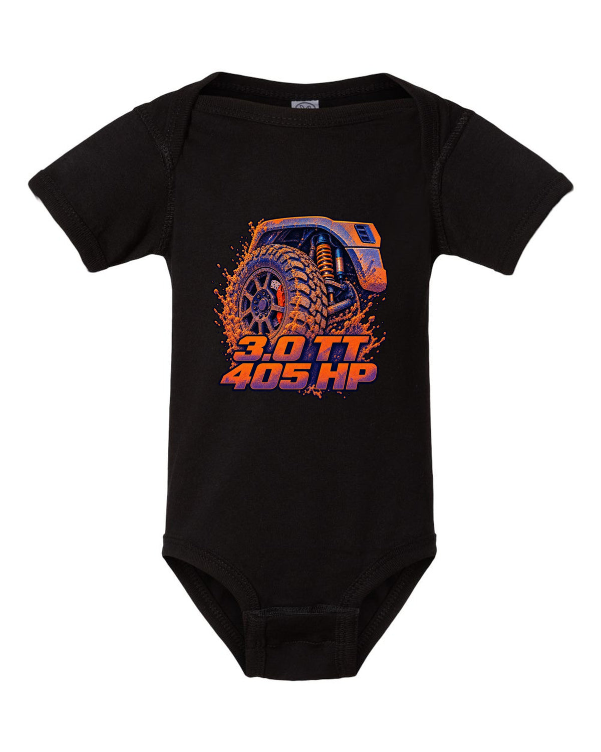 Ford Ranger Raptor P703 wheel and brake in a risograph style print black baby onesie front view with the design