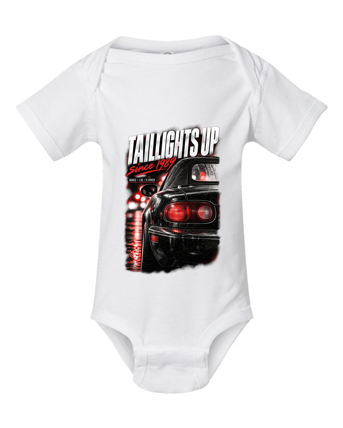 Taillight macro print for the Mazda MX-5 NA 1989-97 with NA6CE, 1.6L and 5-speed lettering white baby onesie front view with the design