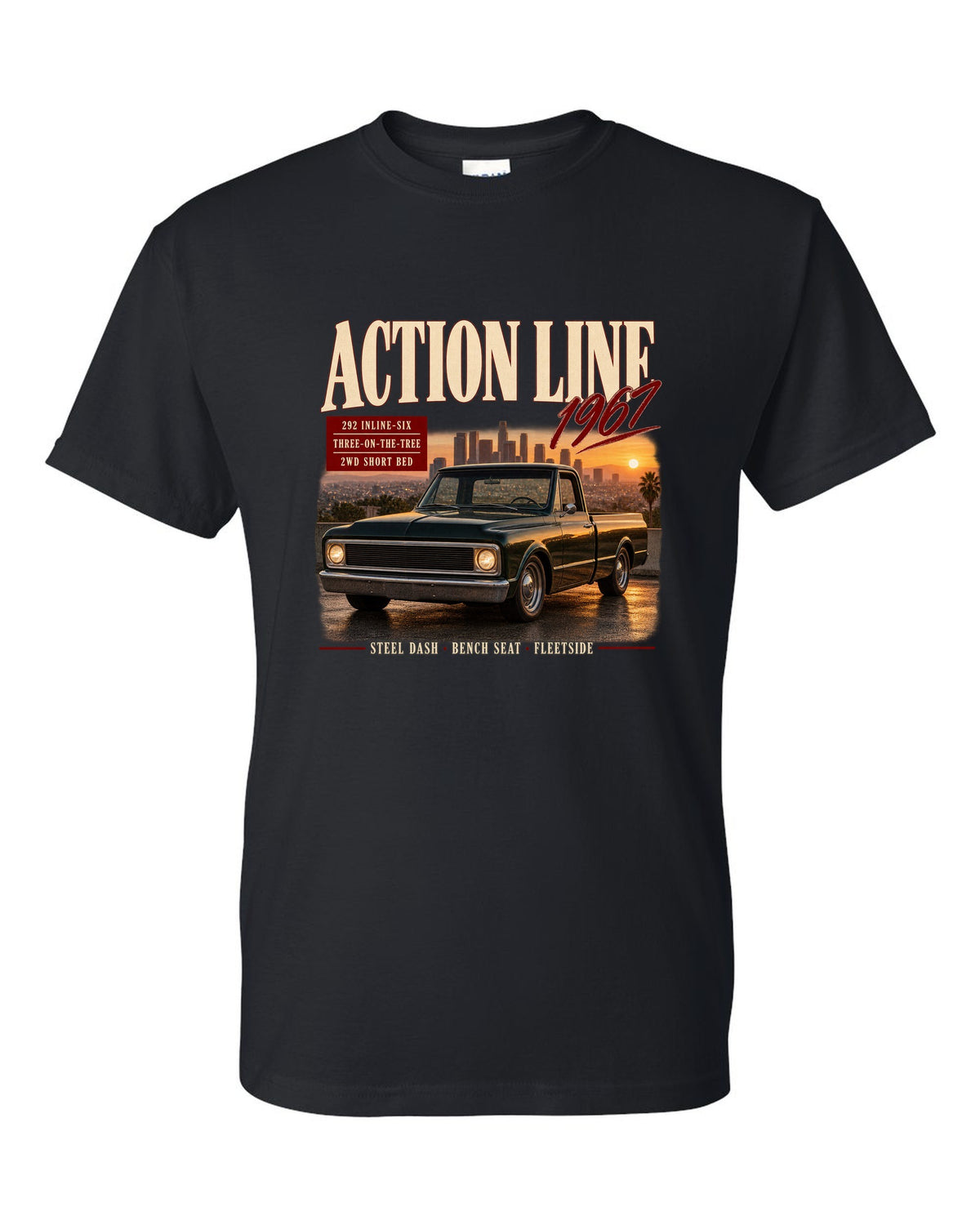 Archive panel print of a 1967 Chevrolet C10 Action Line Fleetside with 292 inline-six text black t-shirt front view with the design