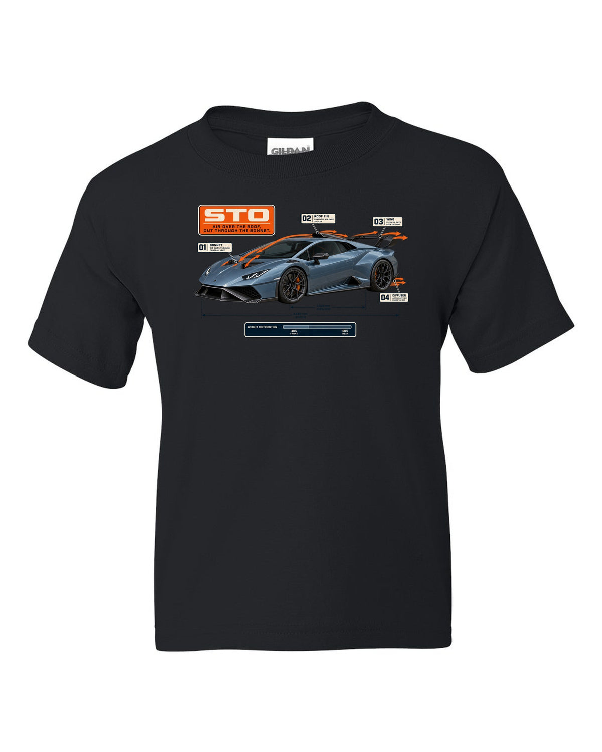 Aero callout print of the Lamborghini Huracan STO showing airflow black kids tee front view with the design