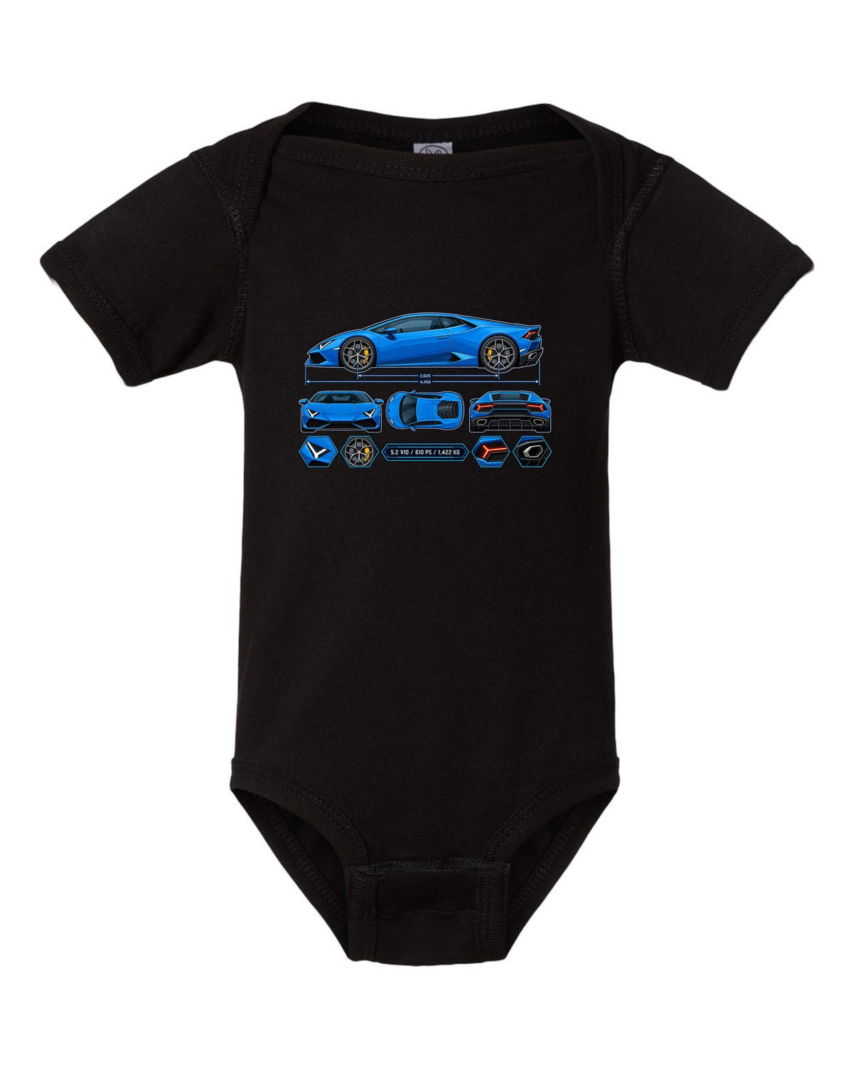 Colour technical blueprint of a Lamborghini Huracan LP610-4 with text 5.2 V10 / 610 PS / 1,422 KG black baby onesie front view with the design
