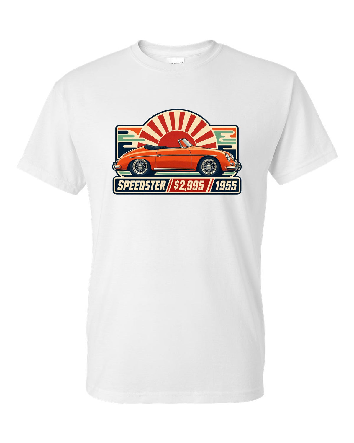 print of five Porsche 911 generations in a row, labelled 901, 930, 964, 993 and 996 white t-shirt front view with the design
