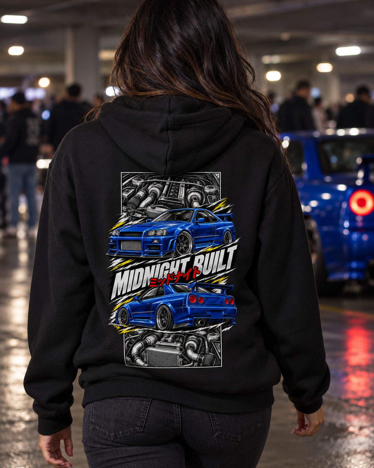 Nissan Skyline GT-R R34 Torn Poster Full-Back Graphic Tee Pull Over Hoodie Black worn hero