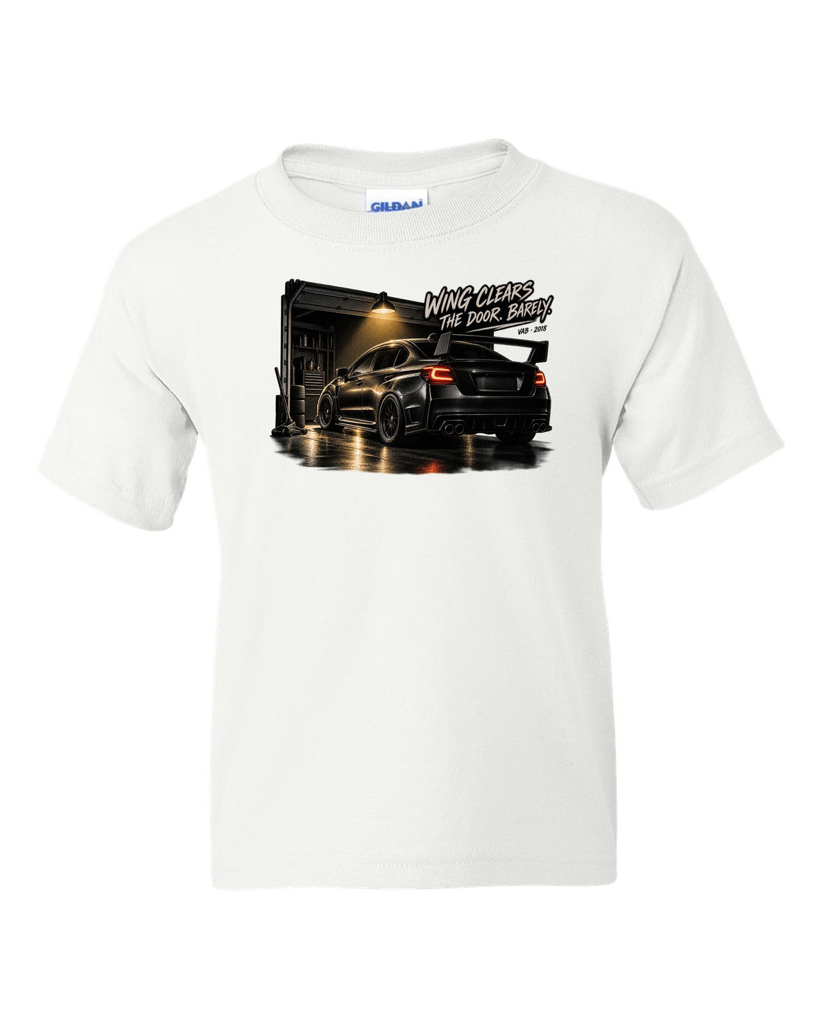 Subaru WRX STI VAB 2018 in a garage with wing clears the door barely text white kids tee front view with the design