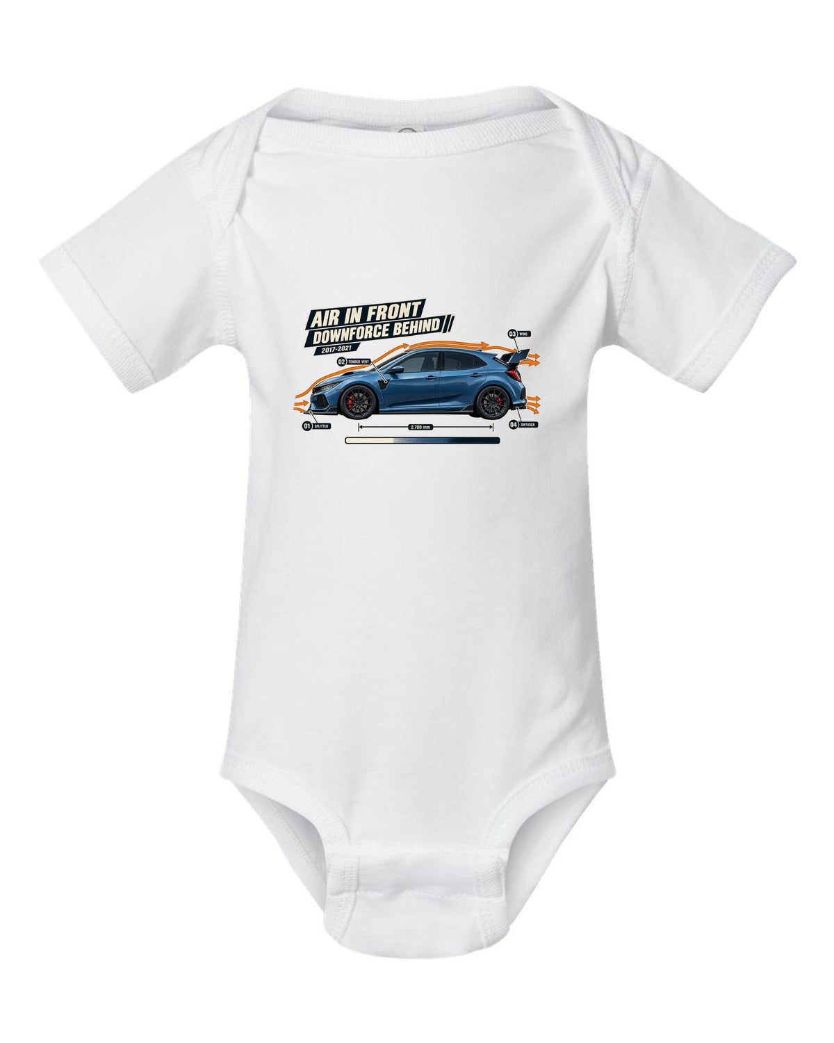 print aero callout drawing of a Boost Blue Honda Civic Type R FK8 white baby onesie front view with the design