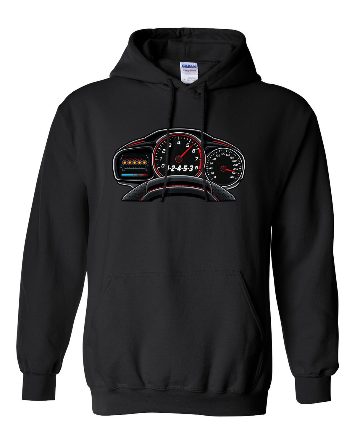 Flat gauge cluster print for the Audi RS3 8V showing the 1-2-4-5-3 firing order black pull over hoodie front view with the design