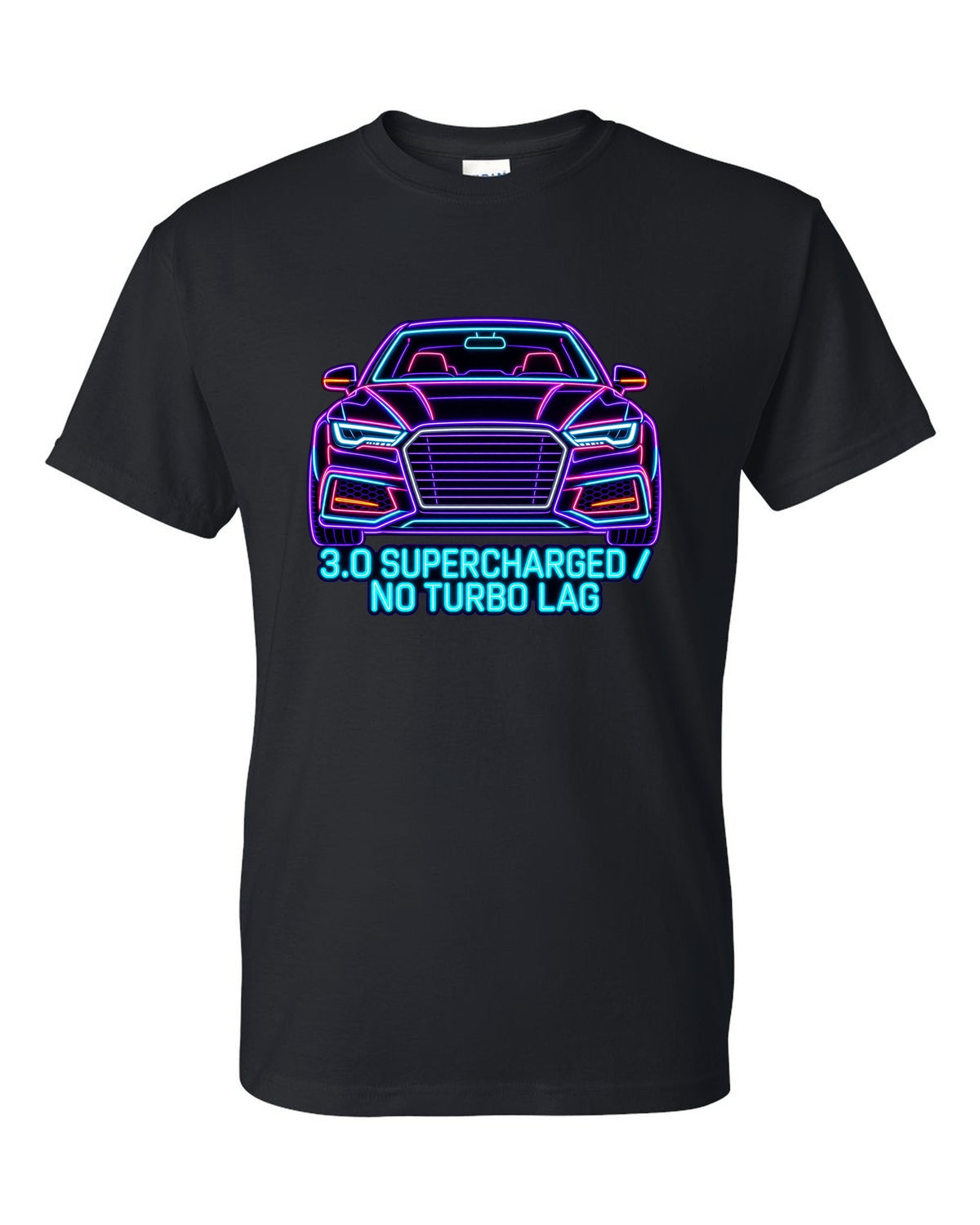 Neon sign line art print of an Audi S4 B8 with 3.0 Supercharged text black t-shirt front view with the design