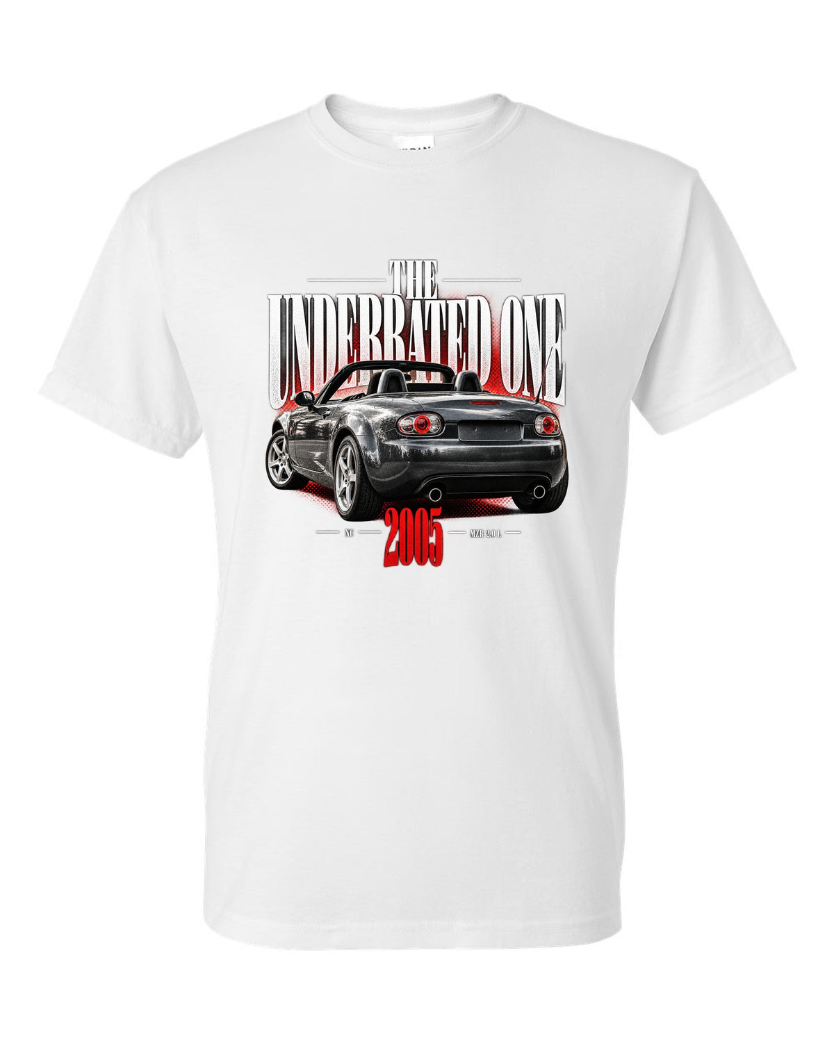 Editorial headline print of a Mazda MX-5 NC with underrated generation lettering white t-shirt front view with the design