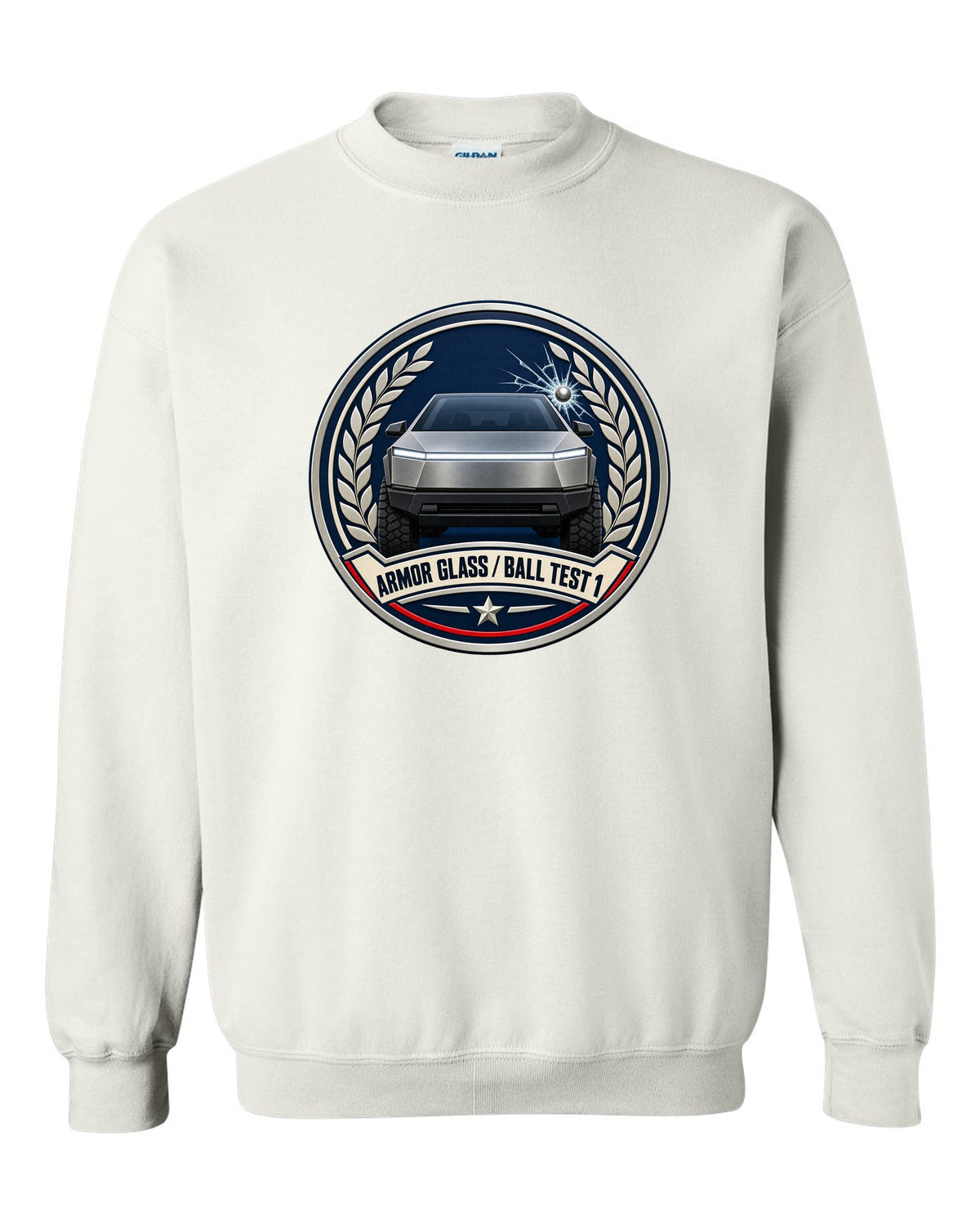 Round crest design of a 2023 Tesla Cybertruck with the words Armor Glass Ball Test 1 white crewneck front view with the design
