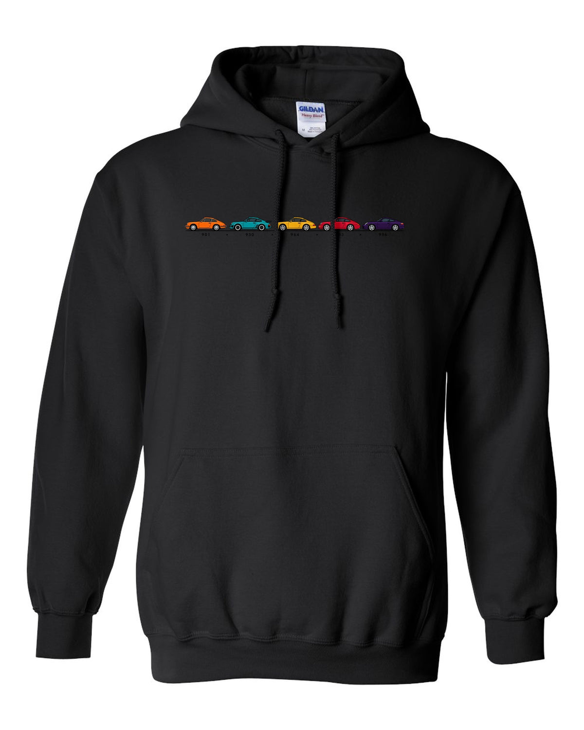 Retro Japanese showa advert style illustration of a 1955 Porsche 356 A Speedster black pull over hoodie front view with the design