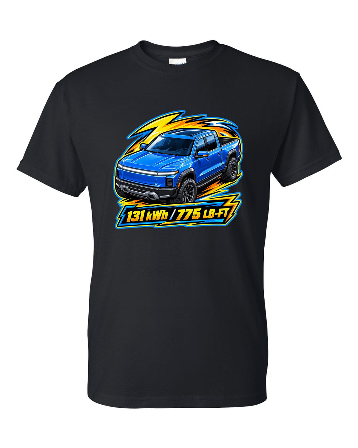 Ford F-150 Lightning EV on a die-cast toy card style print black t-shirt front view with the design