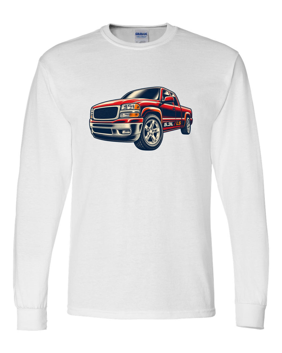 Retro screen-print wheel close-up print for a 1999-2006 Chevrolet Silverado GMT800 with 5.3L LS text white long sleeve front view with the design