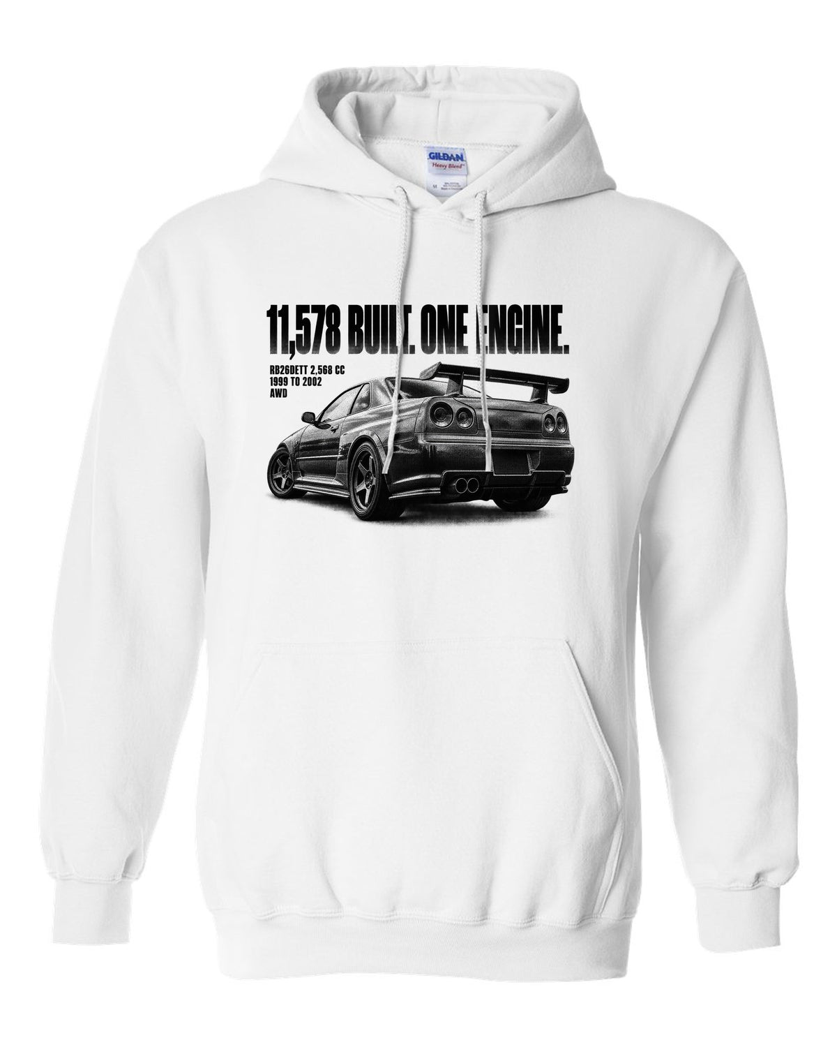 Halftone rear three-quarter view of a Nissan Skyline GT-R R34 with 11,578 built lettering white pull over hoodie front view with the design