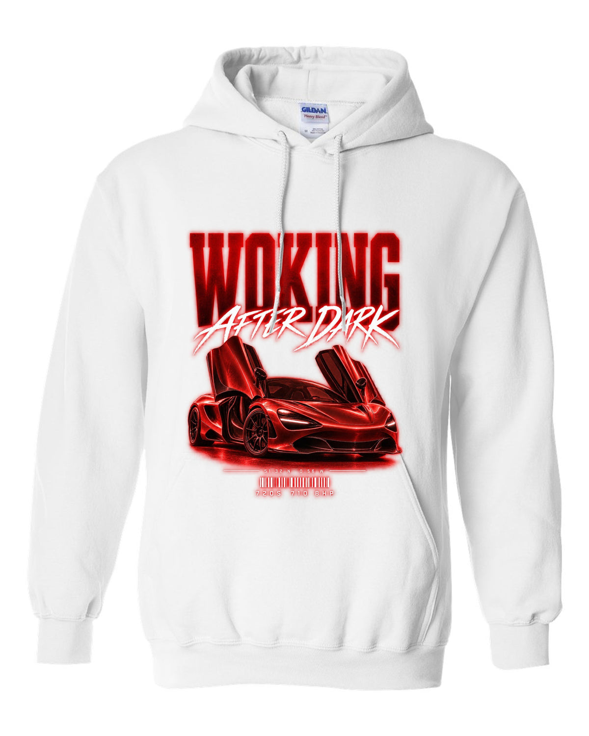 Street poster print of a 2017 McLaren 720S at night with Woking after dark text white pull over hoodie front view with the design
