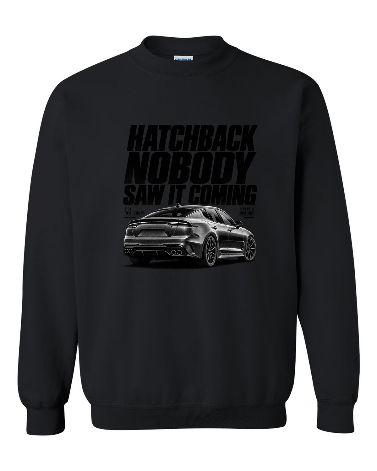 Halftone print of a Kia Stinger GT CK rear three-quarter low angle with chback text black crewneck front view with the design