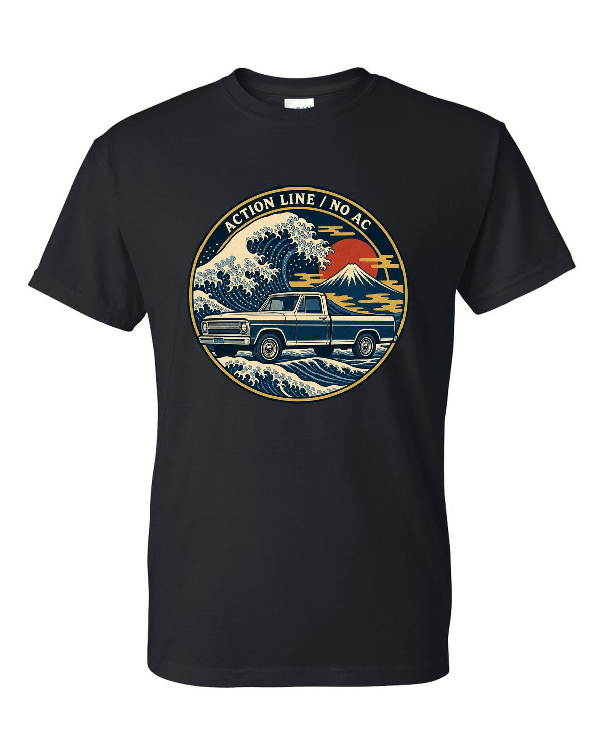Ukiyo-e woodblock wave print of a 1967-72 Chevrolet C10 Action Line Fleetside with Action Line no AC lettering black t-shirt front view with the design
