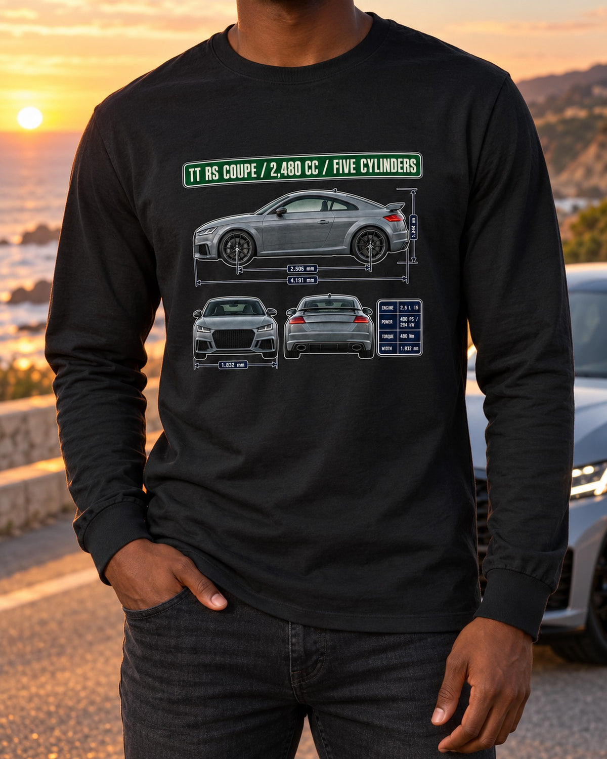 Audi TT RS 8S Coupe Dimension Blueprint Shirt, Five-Cylinder Long Sleeve Black worn hero