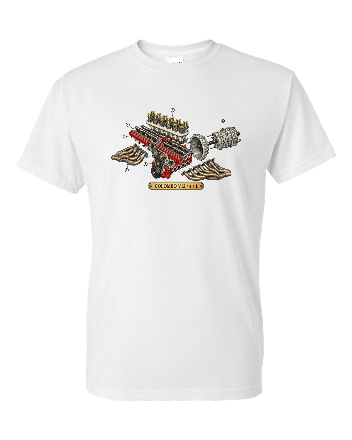 Exploded view of the Ferrari 365 GTB/4 Daytona Colombo V12 engine white t-shirt front view with the design