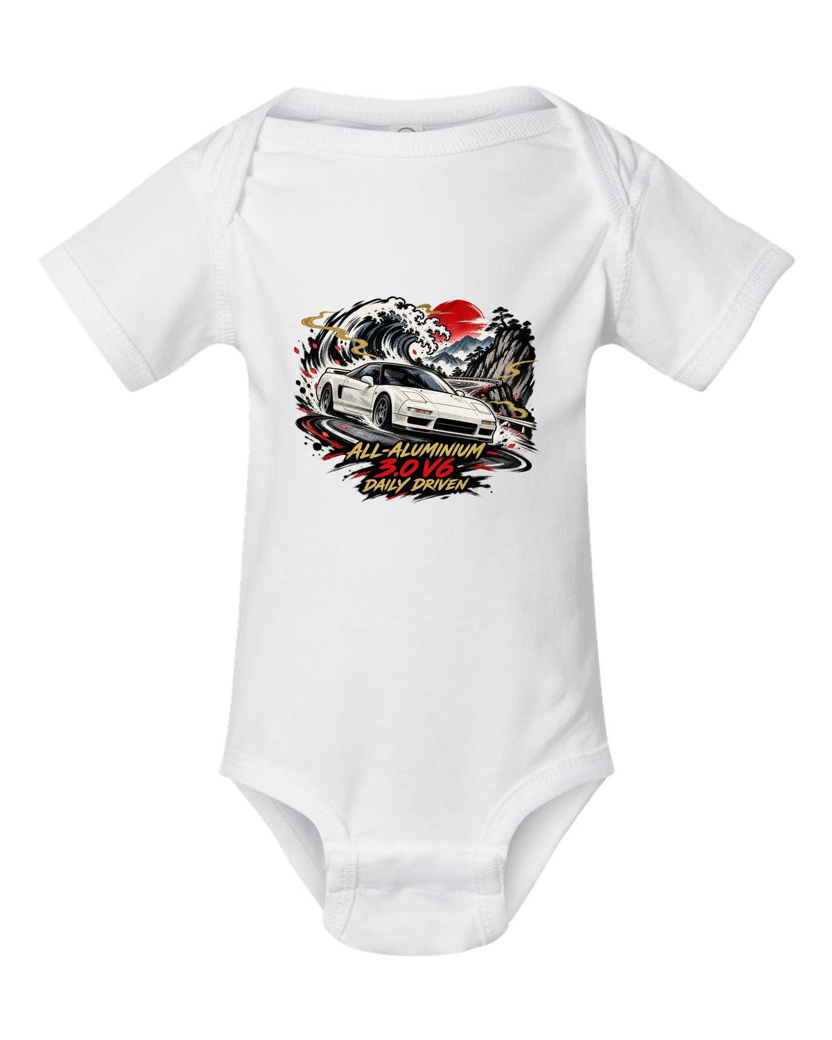 Sumi-e ink wave style print of a Honda NSX NA1 with all-aluminium 3.0 V6 daily driven text white baby onesie front view with the design