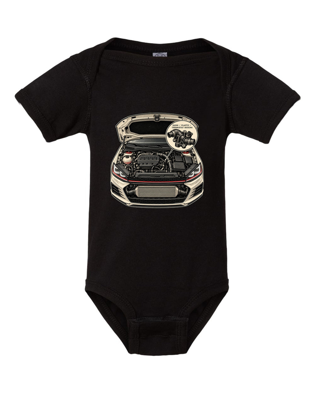 Patent line art of a VW Golf Mk7 GTI engine bay labelled EA888 plastic thermostat housing black baby onesie front view with the design