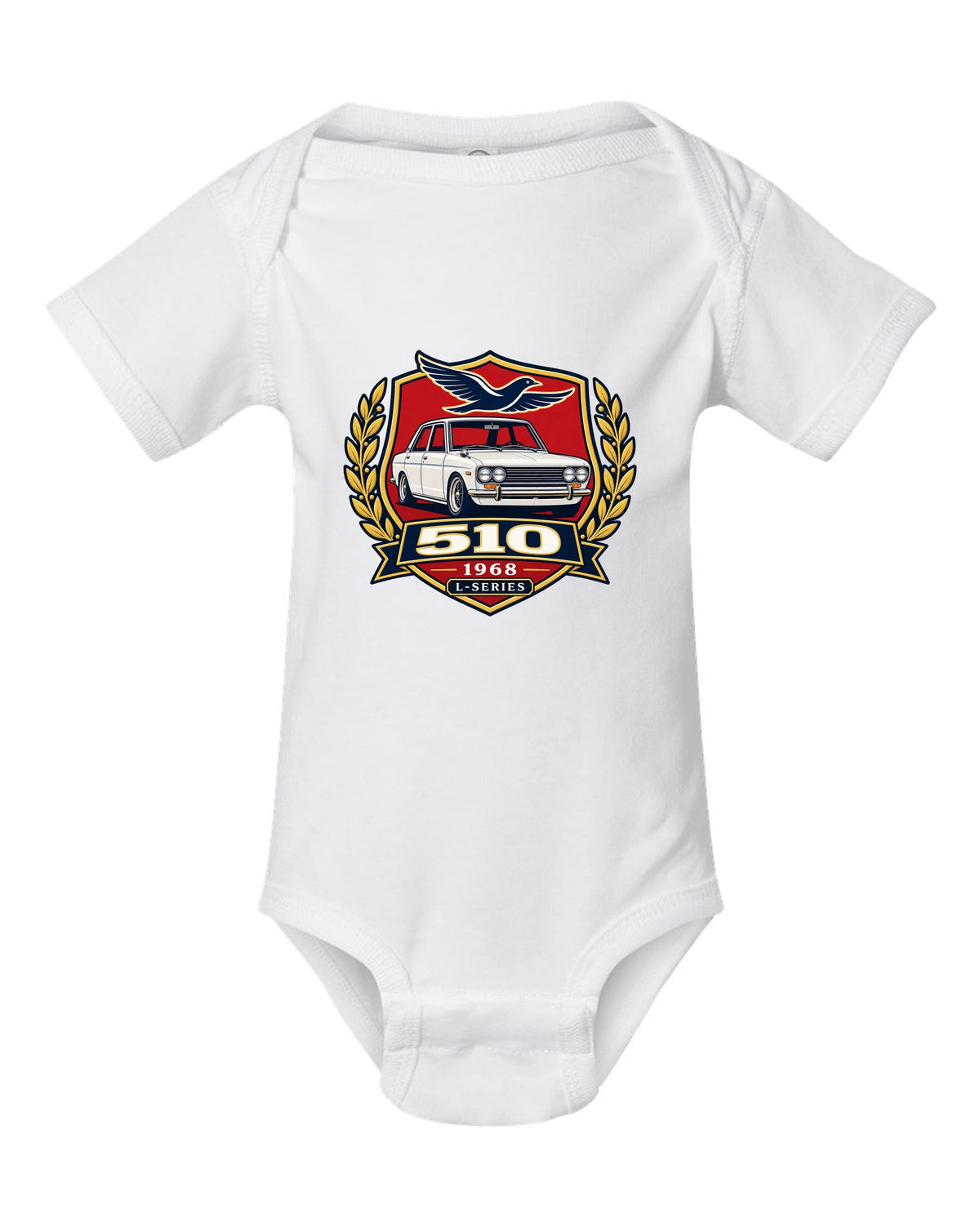 Shield crest print for the Datsun 510 with 510, 1968 and L-Series lettering white baby onesie front view with the design